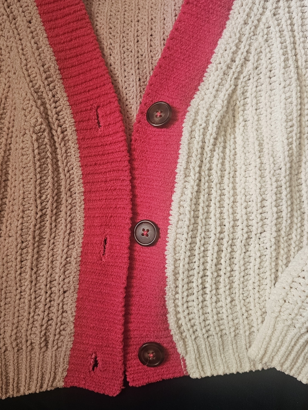 Cream Knit Cardigan with Hot Pink Trim Size Small- 7/8 - Picture 2 of 4